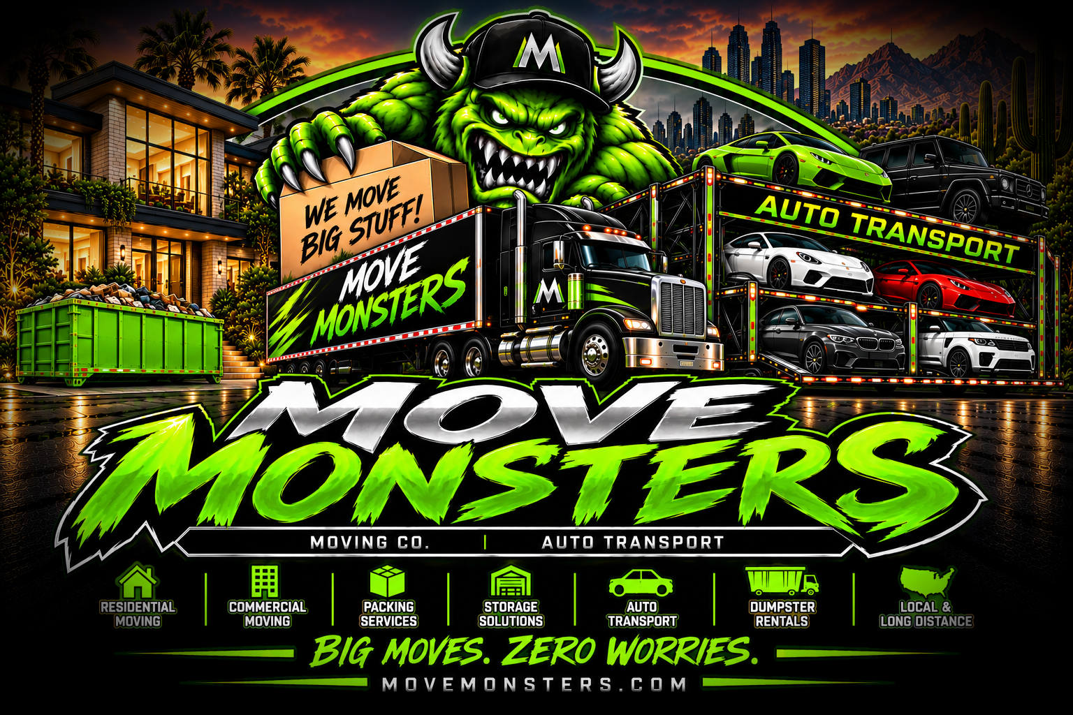 Move Monsters moving truck, car hauler, monster mascot, and moving services